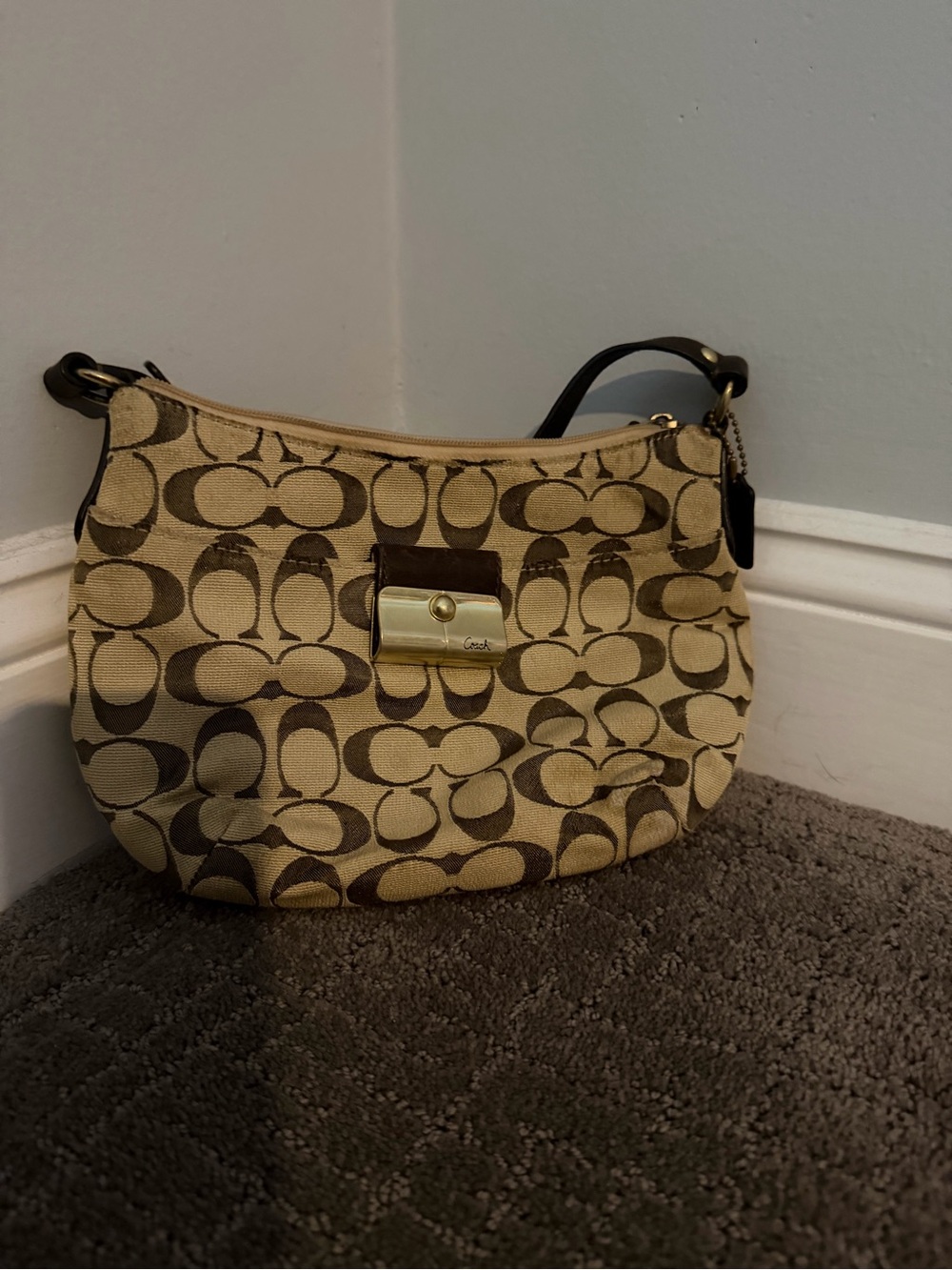 Coach Signature Canvas Shoulder Bag in Khaki and Brown